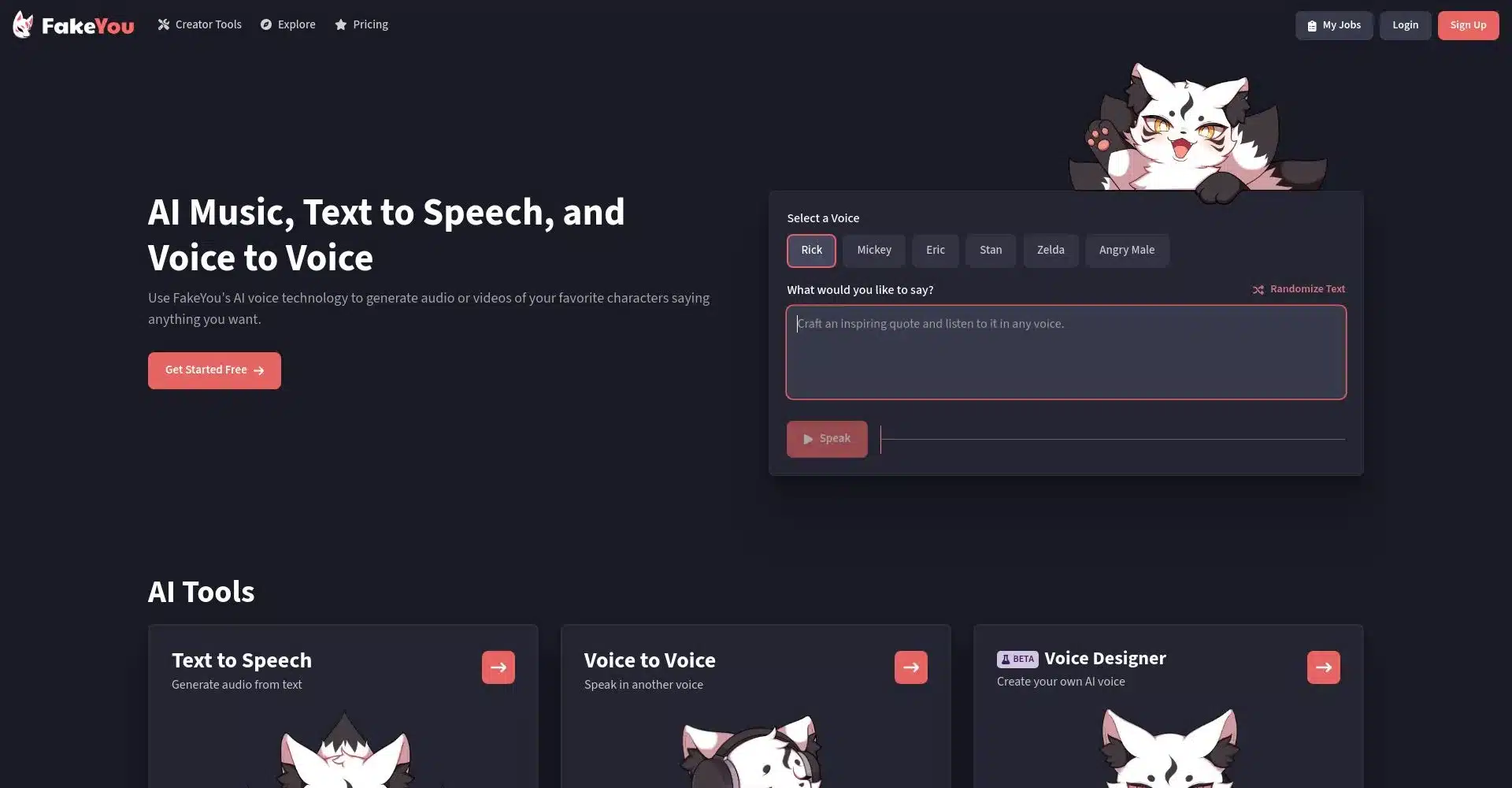 PƔgina principal de FakeYou mostrando herramientas de IA para generar audio y videos.