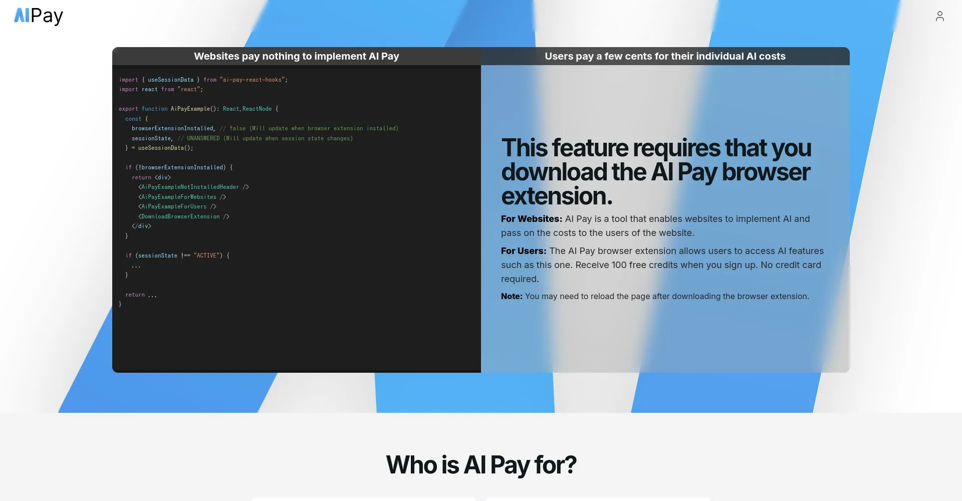 Interfaz de AI Pay que muestra código y características de la extensión