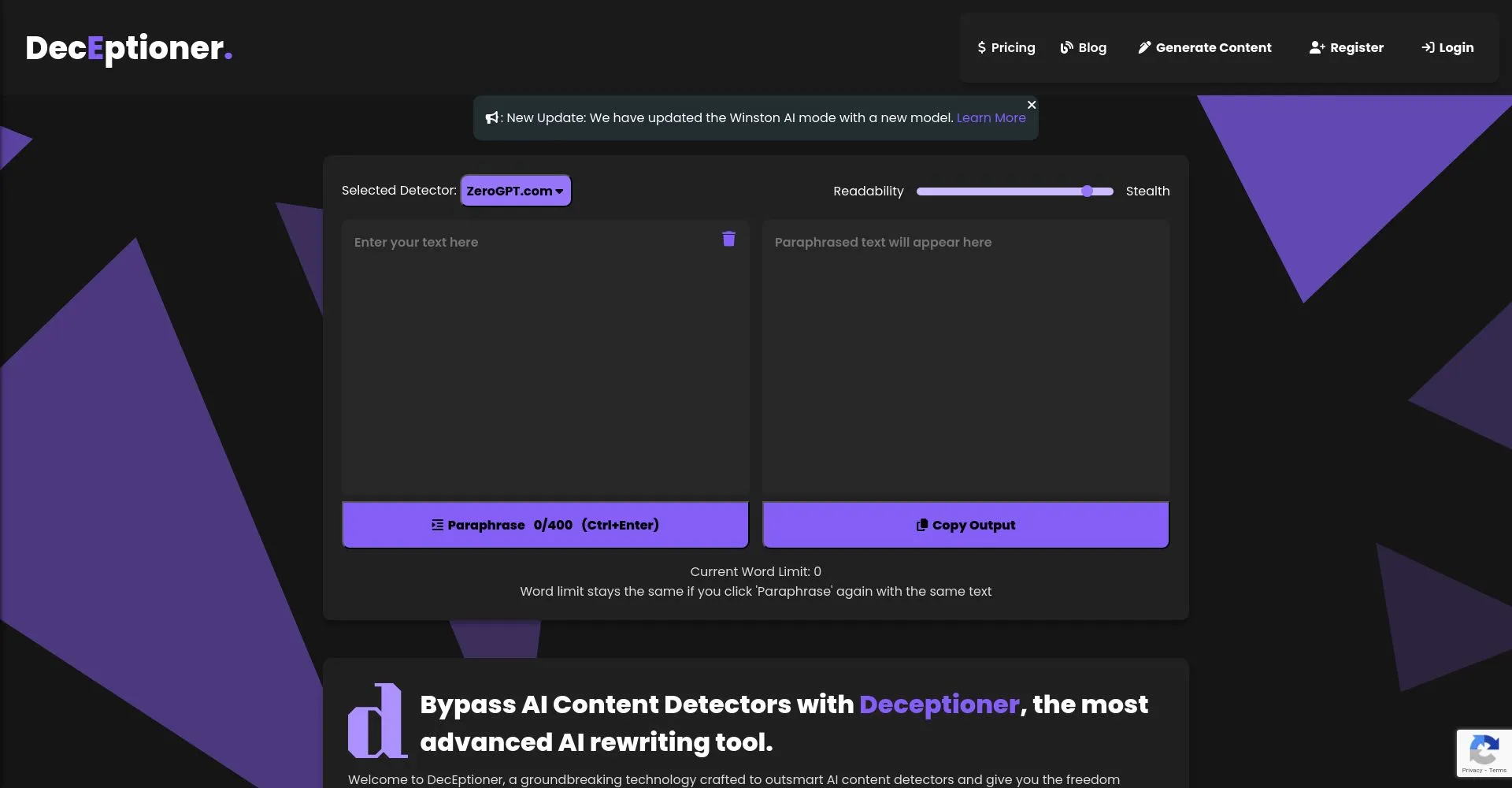 Interfaz de la herramienta Deceptioner para reescribir contenido y evadir detectores de IA