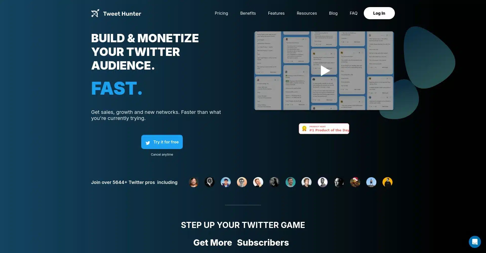PƔgina de inicio de Tweet Hunter mostrando herramientas para mejorar el crecimiento en Twitter