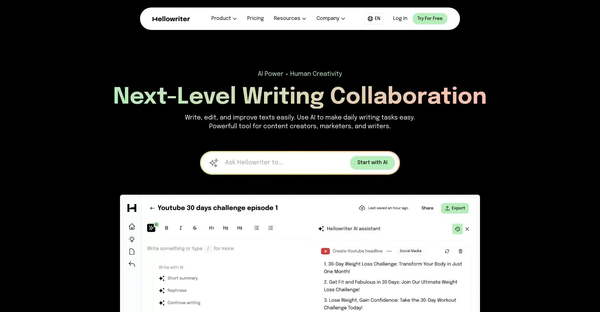 Interfaz de Hellowriter para colaboración de escritura con IA