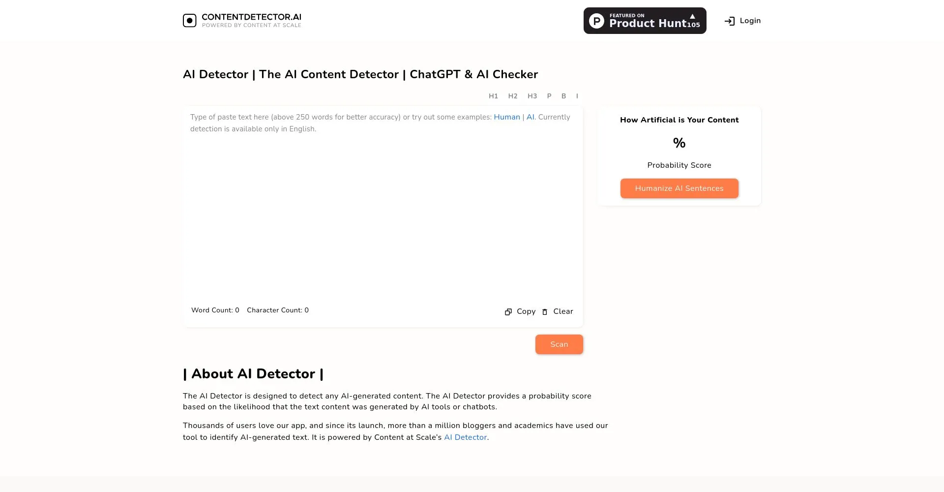 Interfaz del detector de contenido AI con opciones para analizar texto.