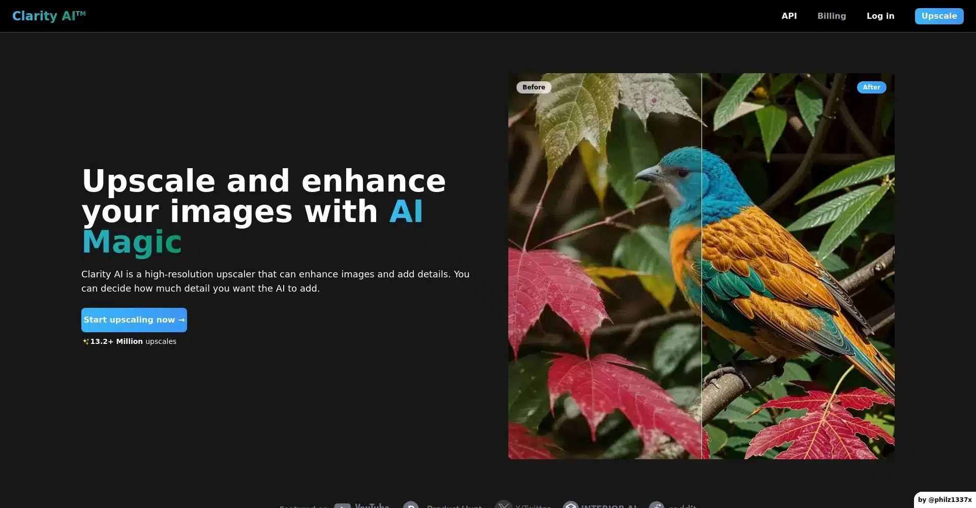 Captura de pantalla de Clarity AI mejorando una imagen de un pájaro