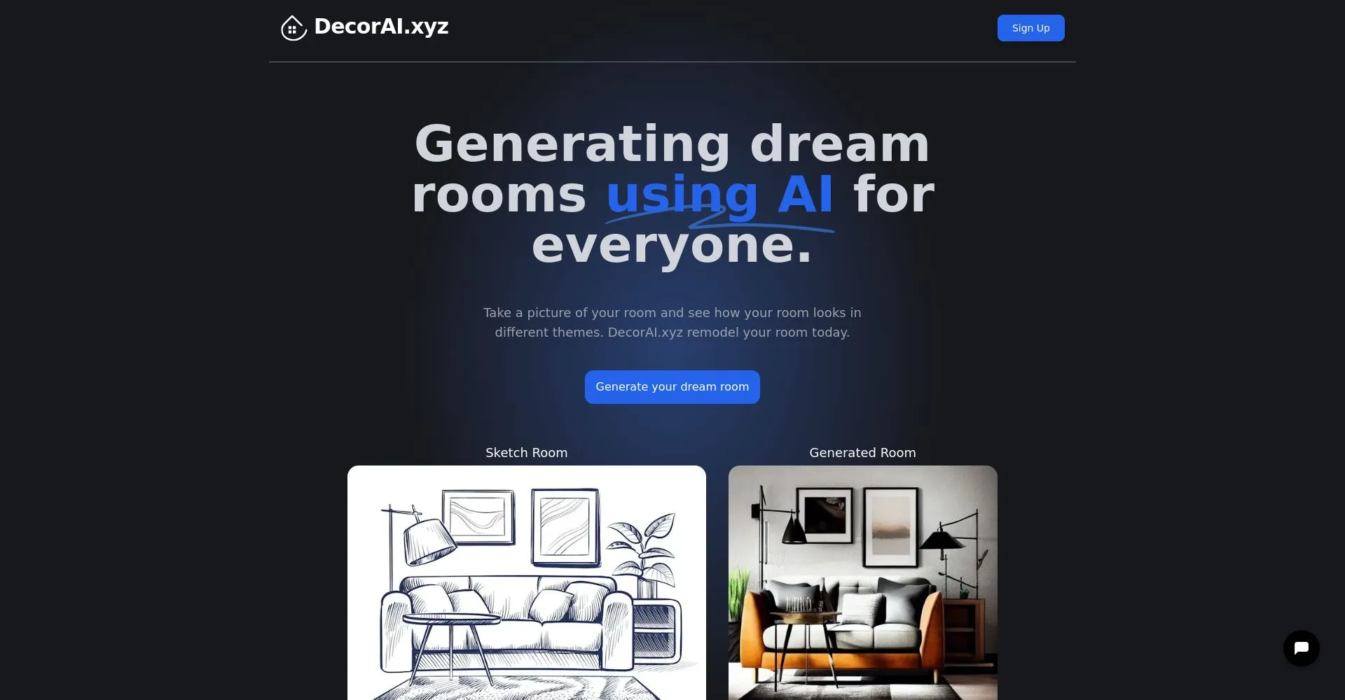 Captura de pantalla del sitio web DecorAI.xyz mostrando herramientas de diseño de interiores con IA