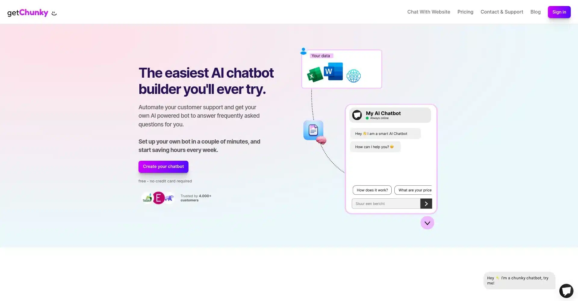 PƔgina de inicio de getChunky con chatbots de IA