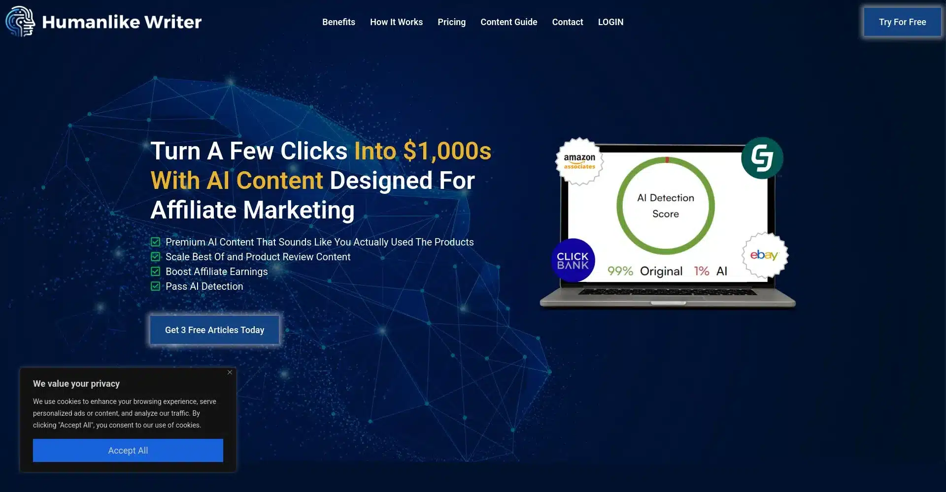 Captura de pantalla de Humanlike Writer ofreciendo contenido de IA para marketing afiliado
