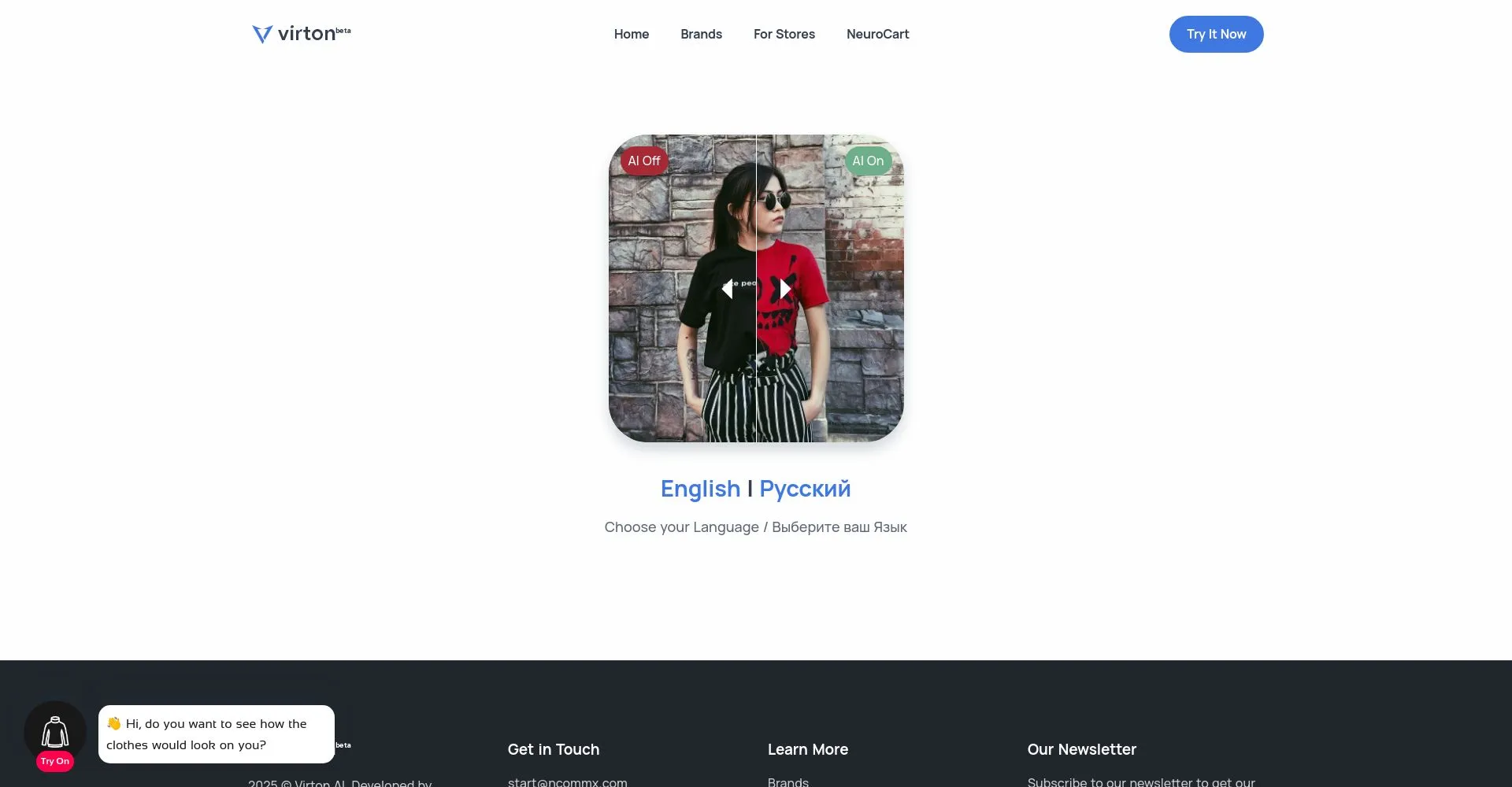 Captura de pantalla de la interfaz de selección de idioma de un sitio web de moda llamado Virton.