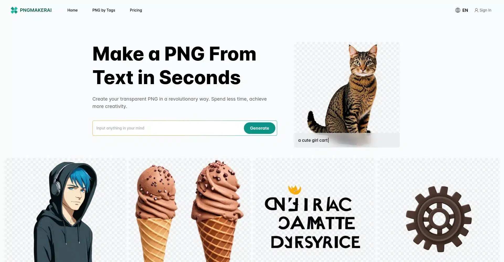 Interfaz del sitio web PNG Maker AI con ejemplos de imágenes