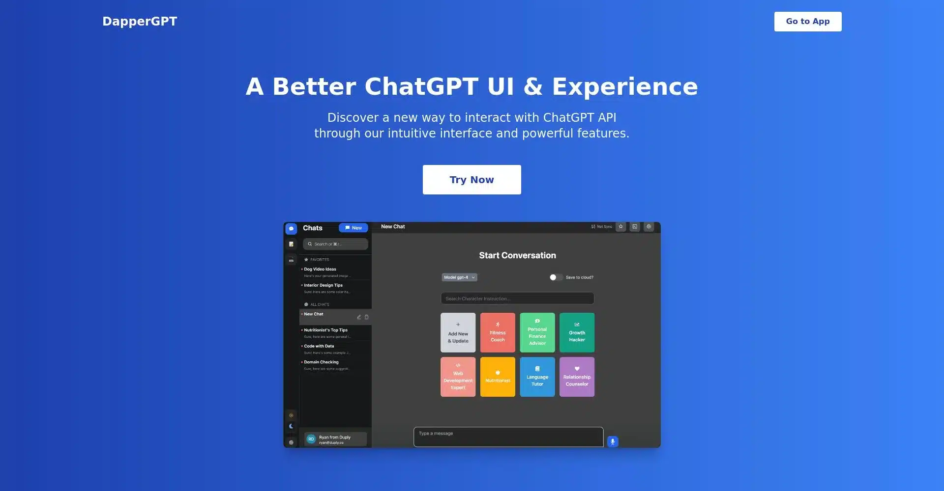 Pantalla de inicio de DapperGPT mostrando opciones de chat y características del API