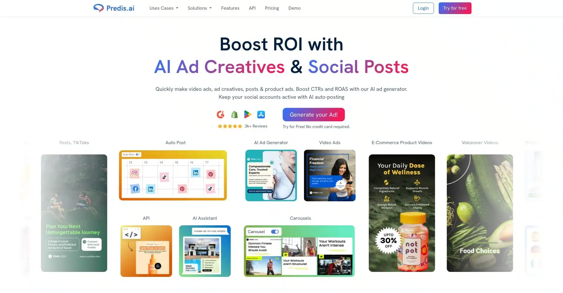 Interfaz de Predis.ai para la creación de anuncios y publicaciones sociales con IA.