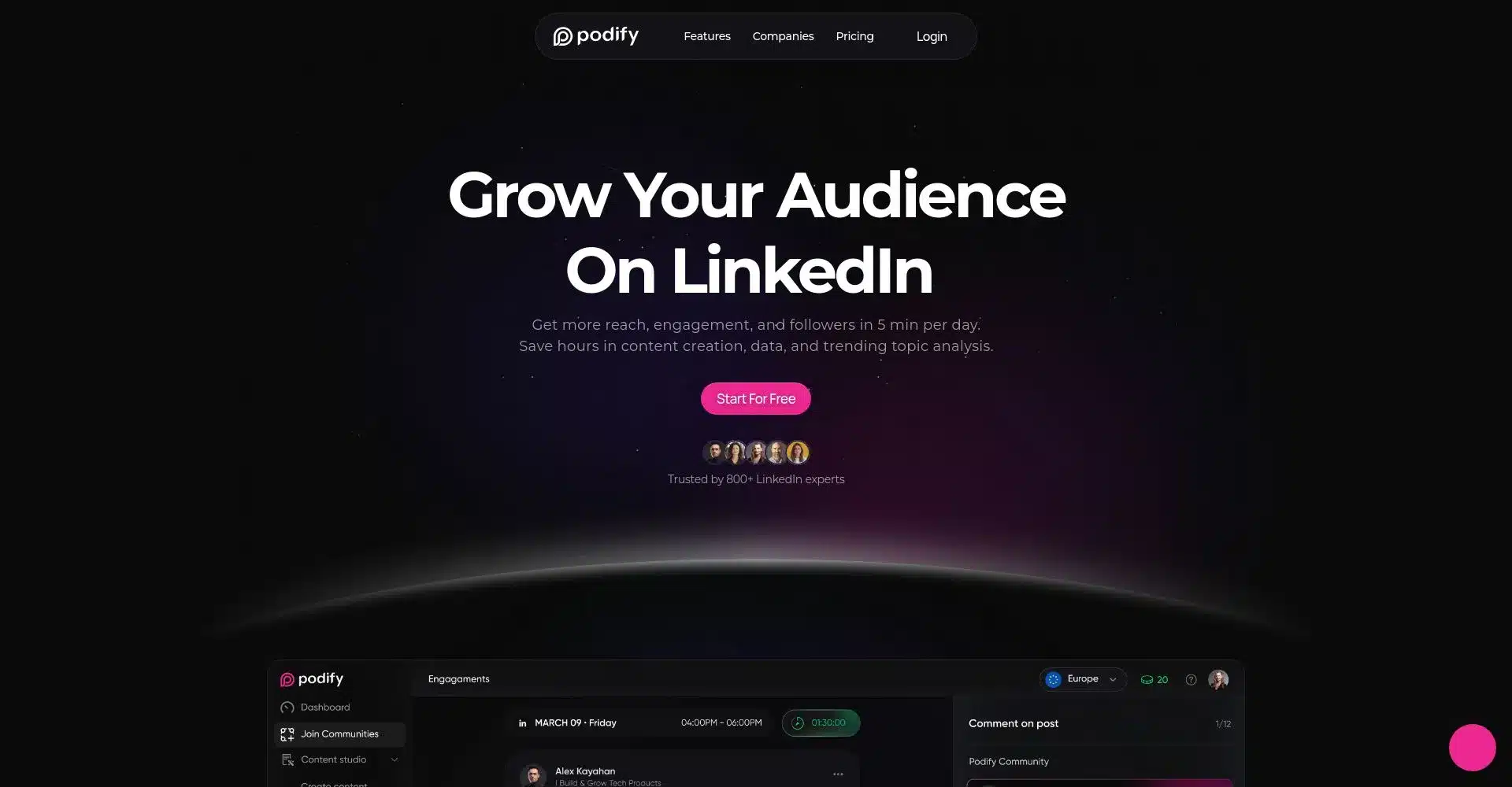 Interfaz del sitio web de Podify para crecimiento en LinkedIn