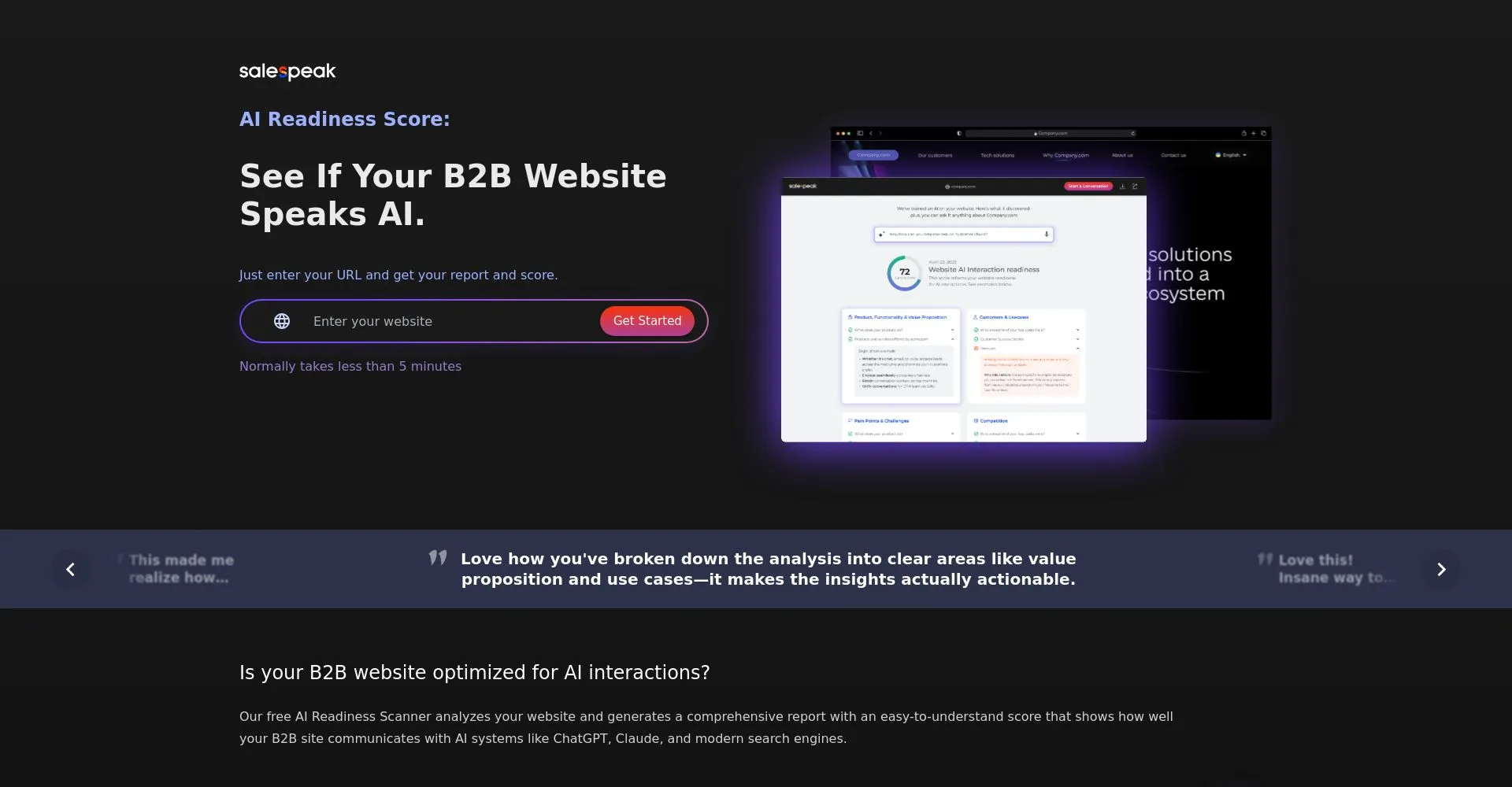 Imagen de interfaz de SalesPeak para verificar la preparación de un sitio web B2B para interacciones de IA