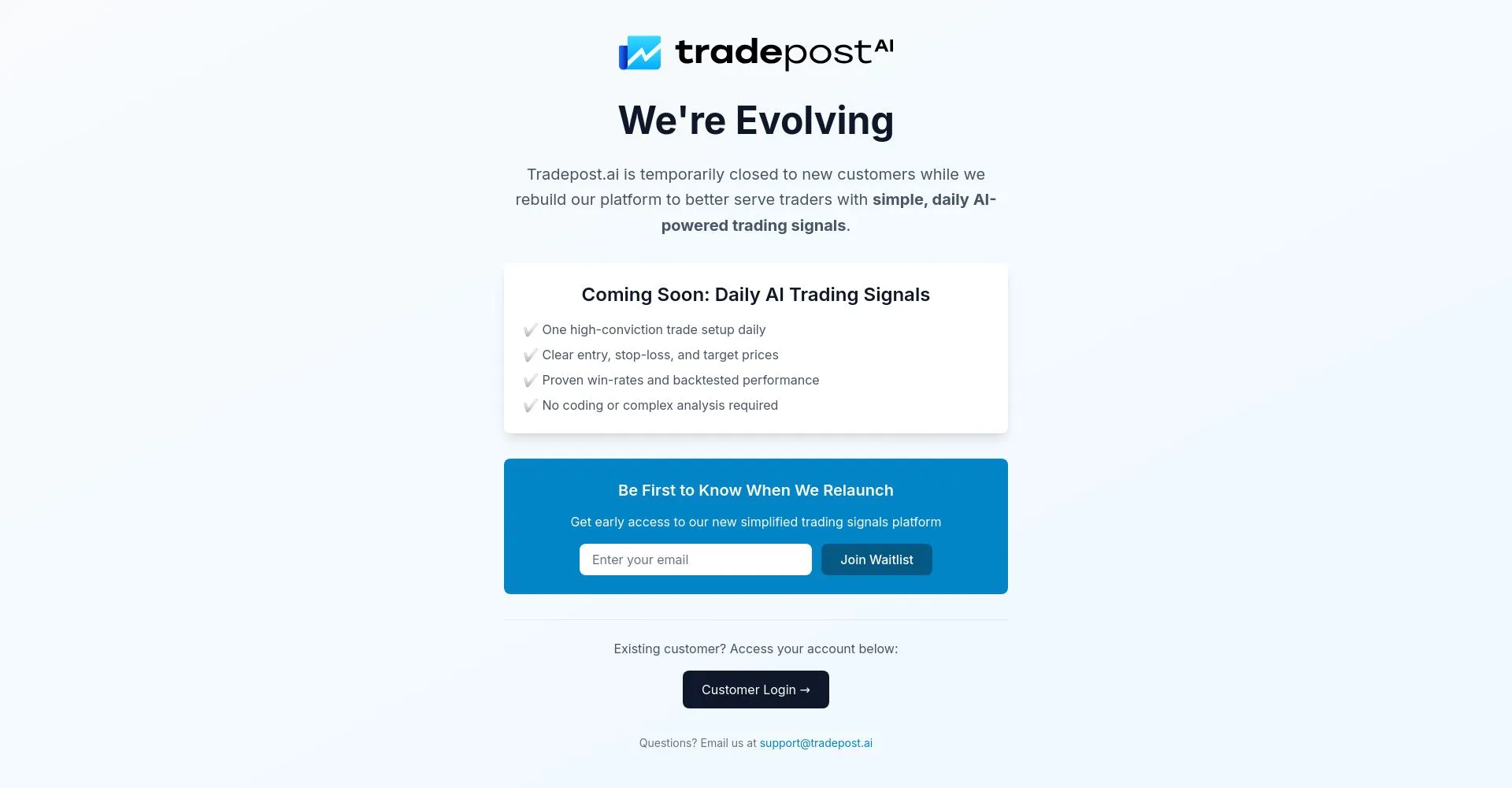 Página de Tradepost AI anunciando cambios en su plataforma
