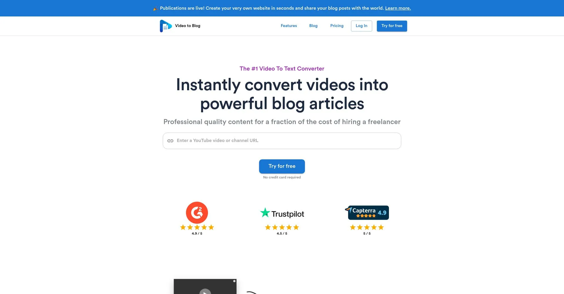 Captura de pantalla del sitio web para convertir videos en artículos de blog