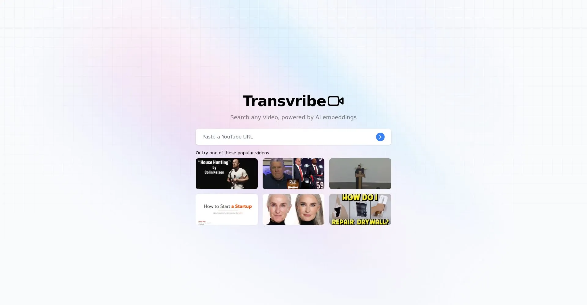 Pantalla de inicio de Transvcribe para buscar videos usando URLs de YouTube