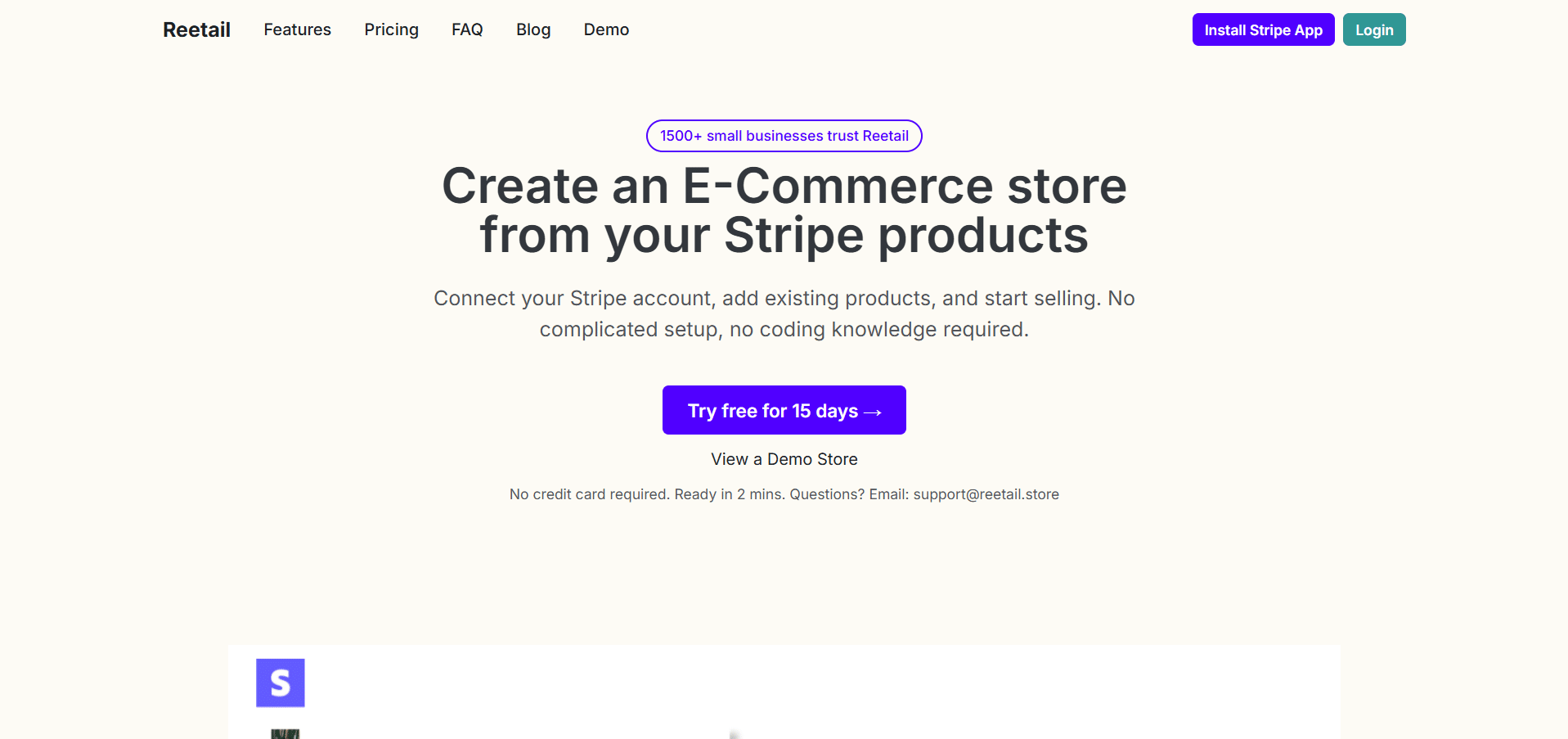 Página principal de Reetail con llamada a crear una tienda en línea desde productos en Stripe