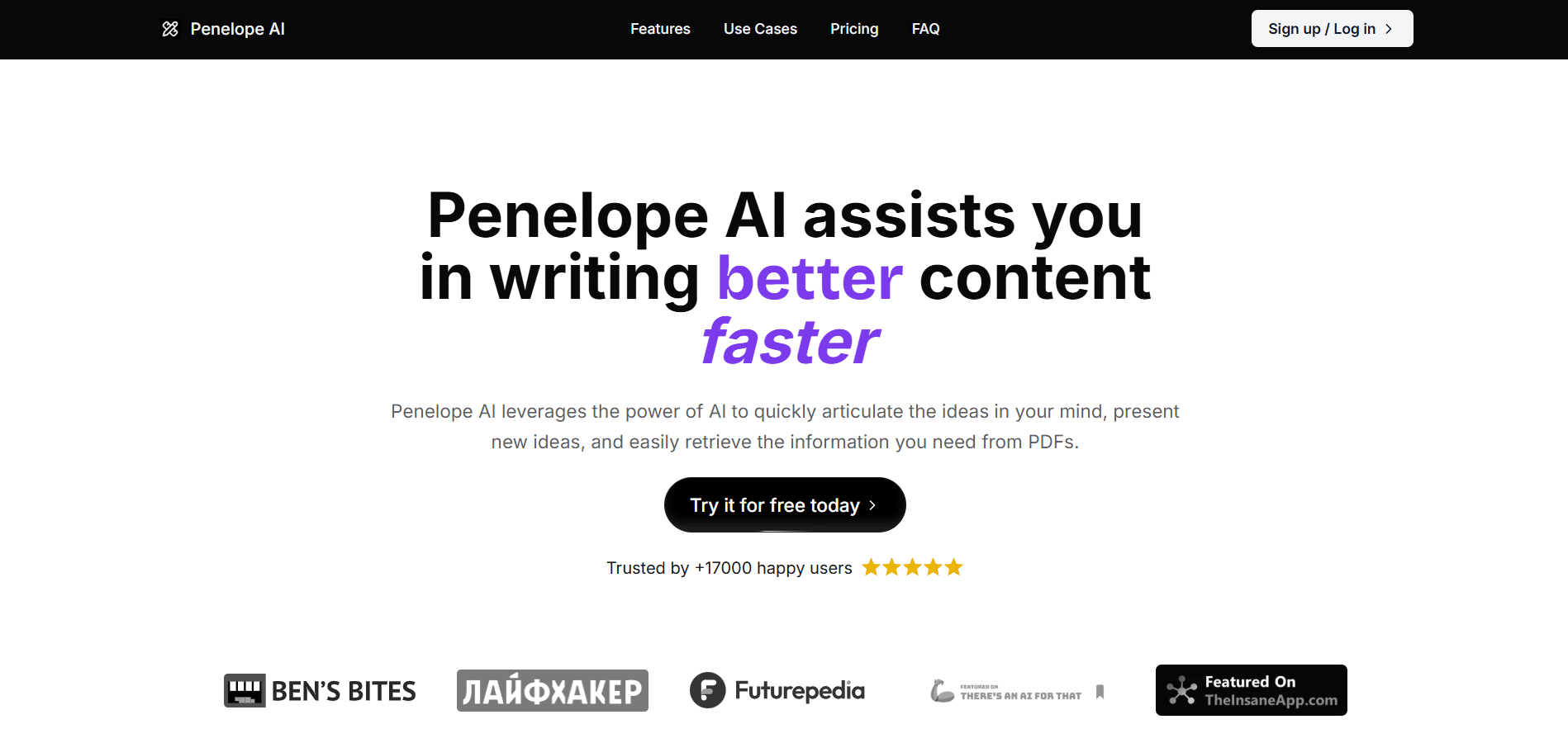 Página principal de Penelope AI mostrando su propuesta para escribir contenido mejor y más rápido.