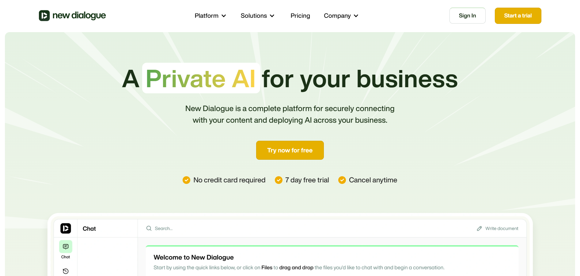 Pantalla de inicio de New Dialogue con opciones de prueba gratuita y asistentes empresariales