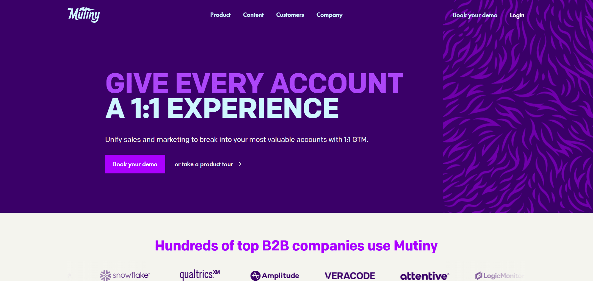 Página principal de Mutiny mostrando su propuesta de personalización 1:1 para cuentas B2B.