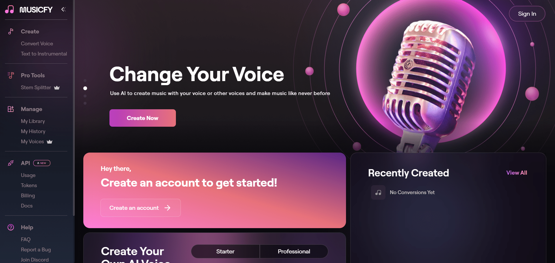 Interfaz principal de Musicfy con opciones para crear música y cambiar tu voz