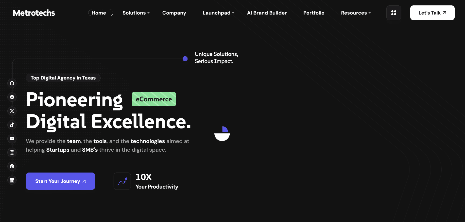 Interfaz principal del sitio web de Metrotechs mostrando el lema “Pioneering Digital Excellence” y servicios destacados en eCommerce.