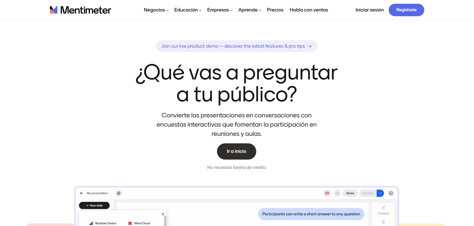 Pantalla principal de Mentimeter con mensaje de bienvenida sobre participación del público