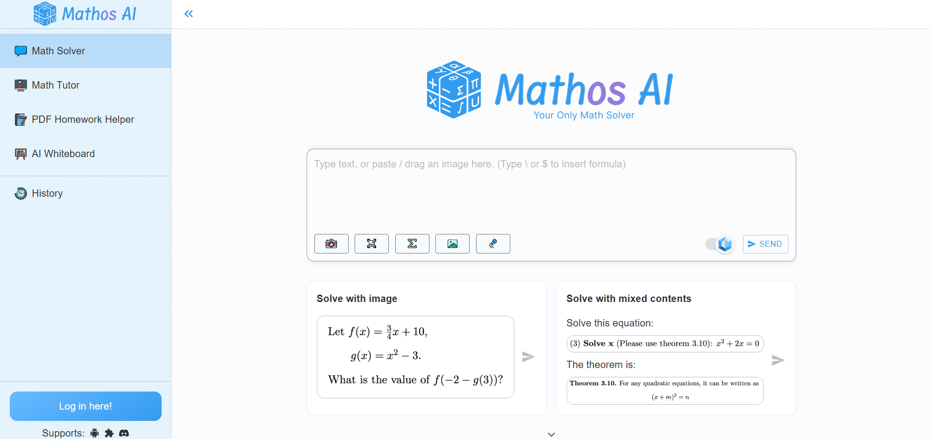 Interfaz de Mathos AI con entrada de texto, resolución de problemas y herramientas de tutoría matemática.