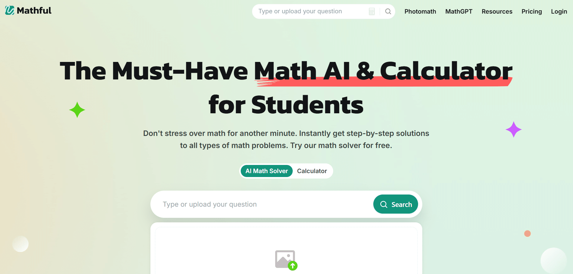 Captura de pantalla de la página principal de Mathful con buscador y opciones para resolver problemas matemáticos.