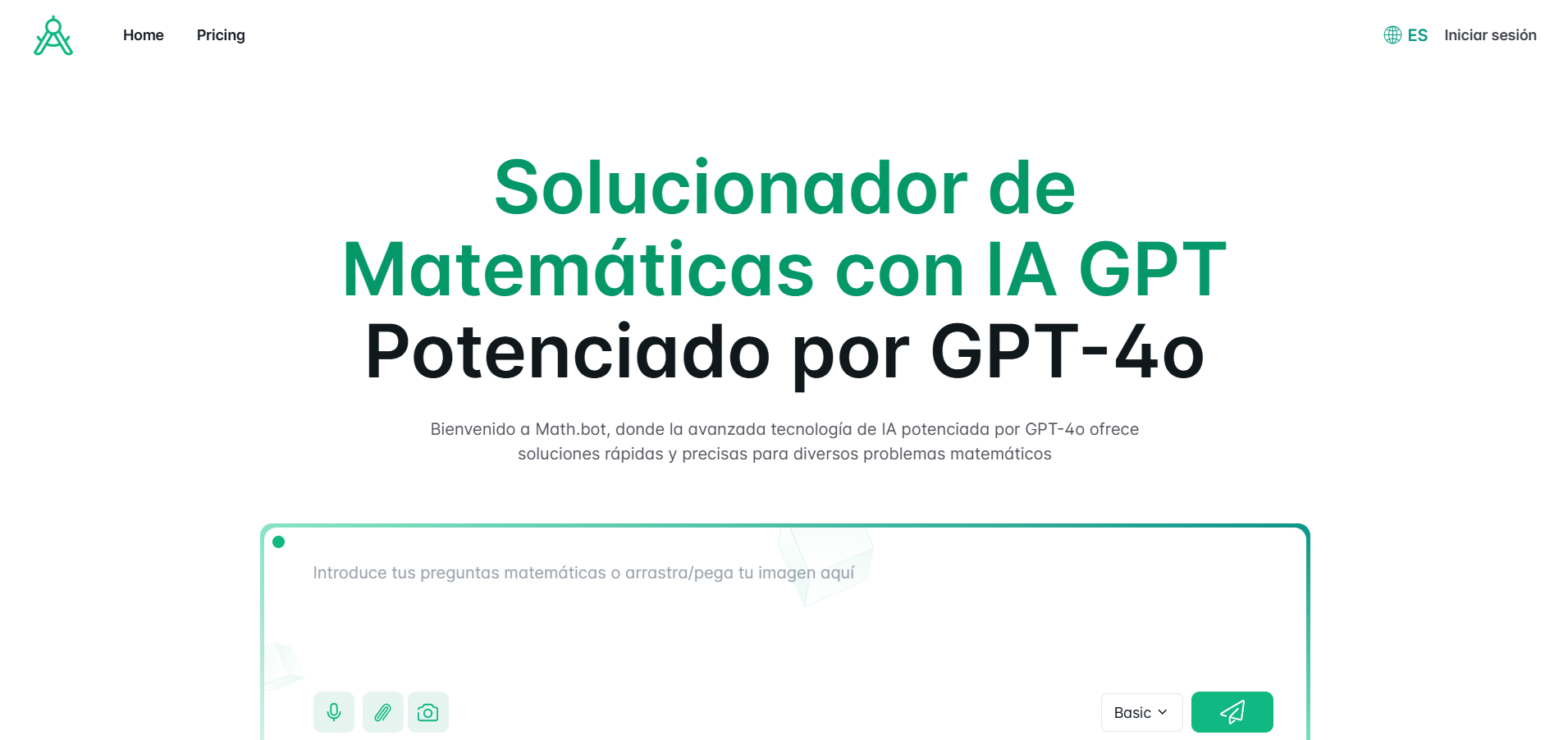 Interfaz de Math bot mostrando el campo para resolver ejercicios matemáticos paso a paso
