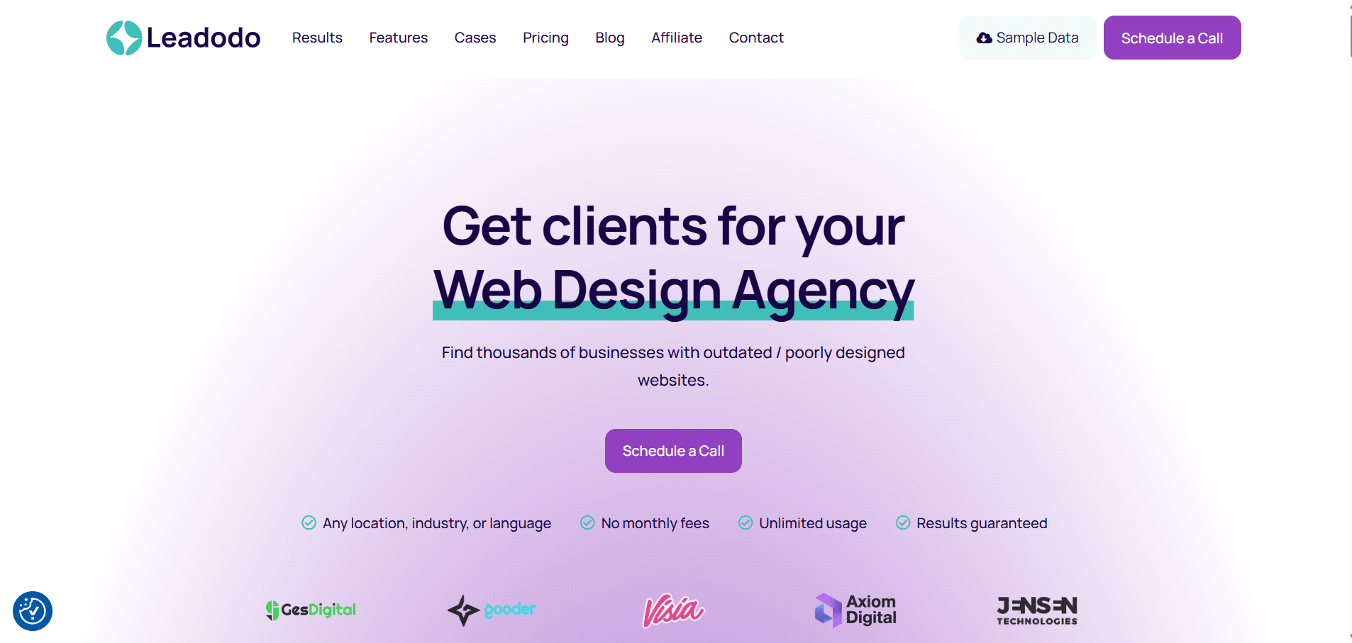 Página de inicio de Leadodo con eslogan para agencias de diseño web