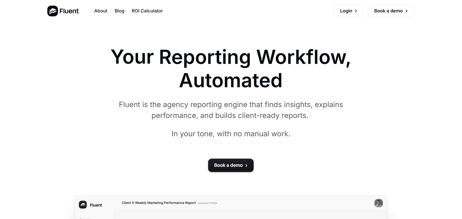 Interfaz de inicio de Fluent mostrando mensaje sobre automatización de reportes para agencias