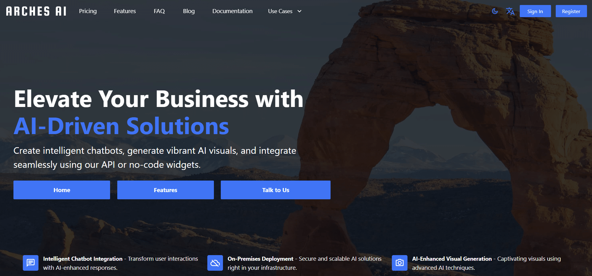 Interfaz principal de Arches AI con opciones de integración para chatbots y visuales generados