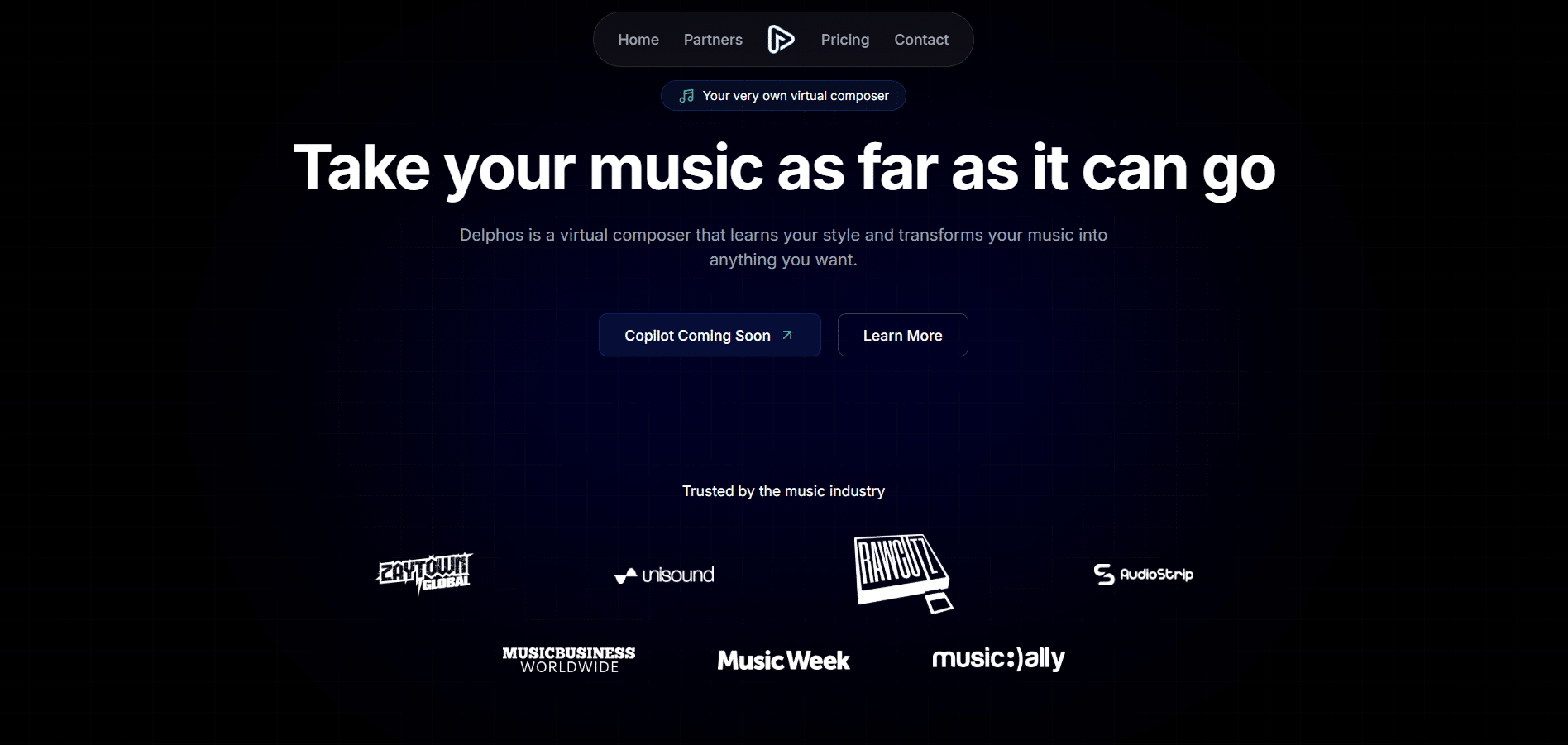 Interfaz de inicio de Delphos con mensaje promocional sobre creación musical personalizada
