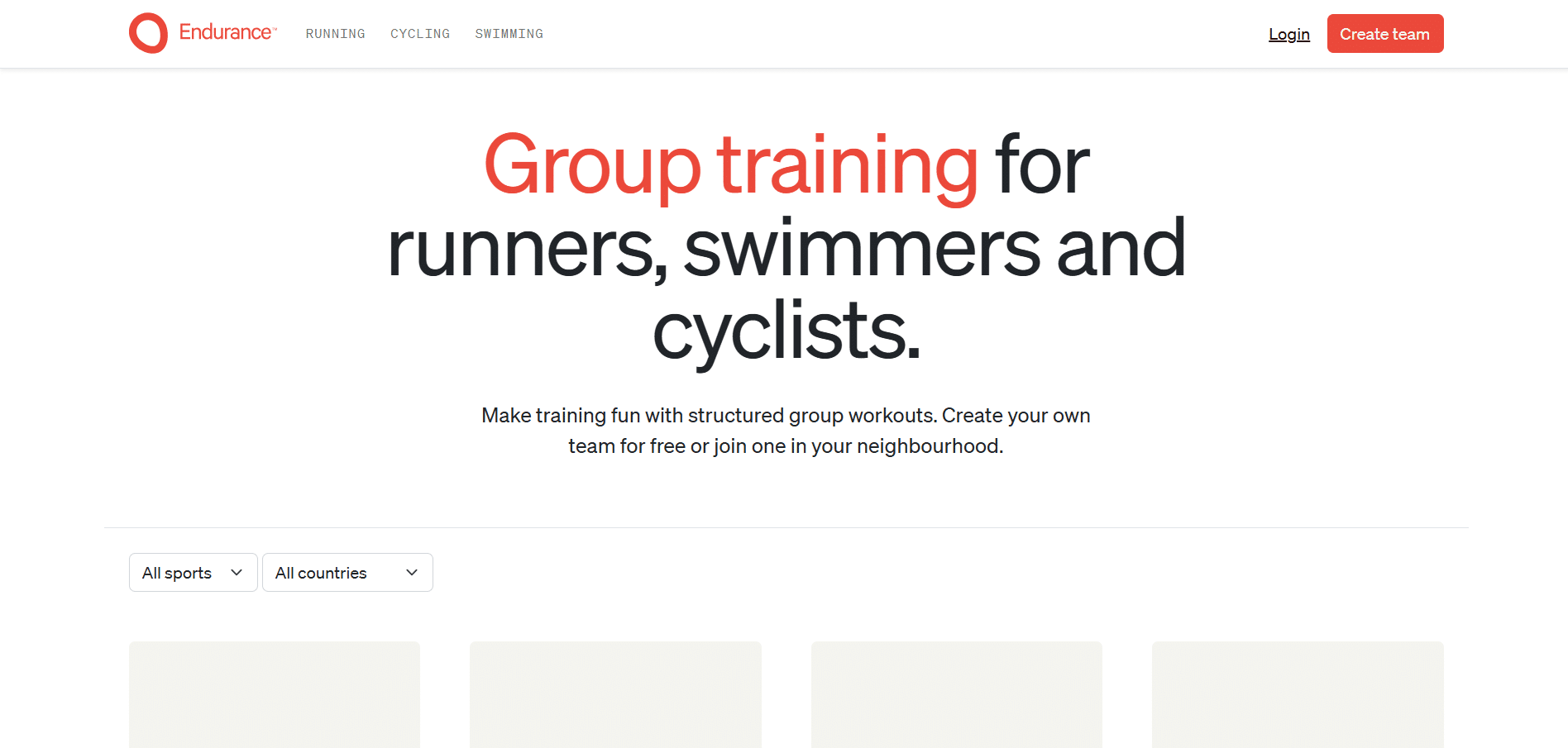 Plataforma Endurance destacando entrenamientos en grupo para corredores, nadadores y ciclistas.