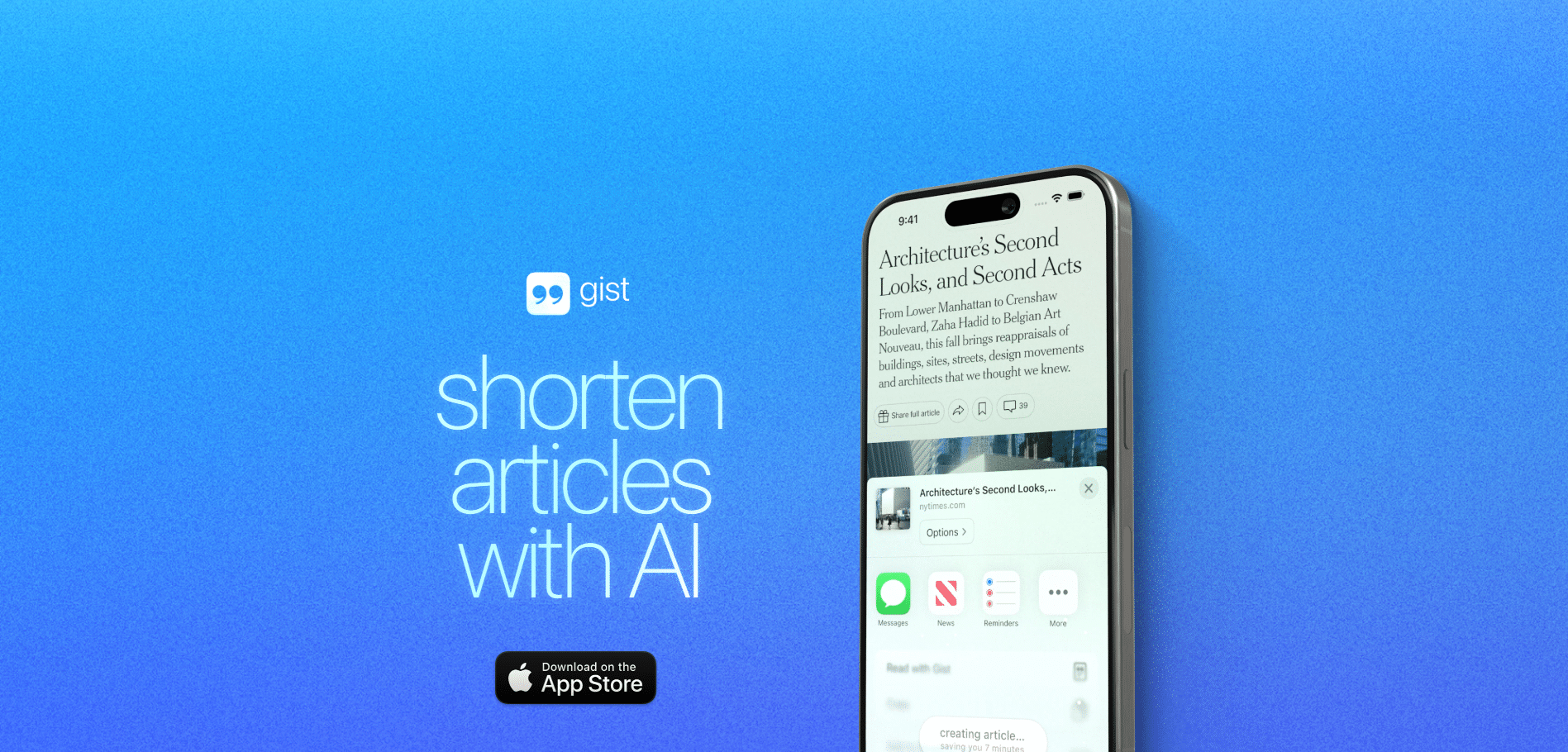 Interfaz de Gist mostrando cómo resume artículos extensos directamente desde Safari en un iPhone, con la opción “Read with Gist”.