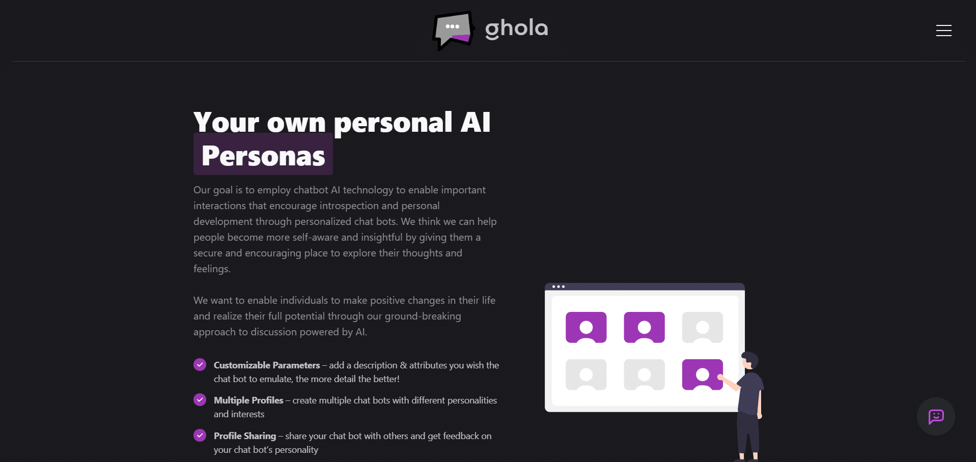 Interfaz de Ghola mostrando perfiles de chatbots personalizados creados para reflexionar y explorar emociones.