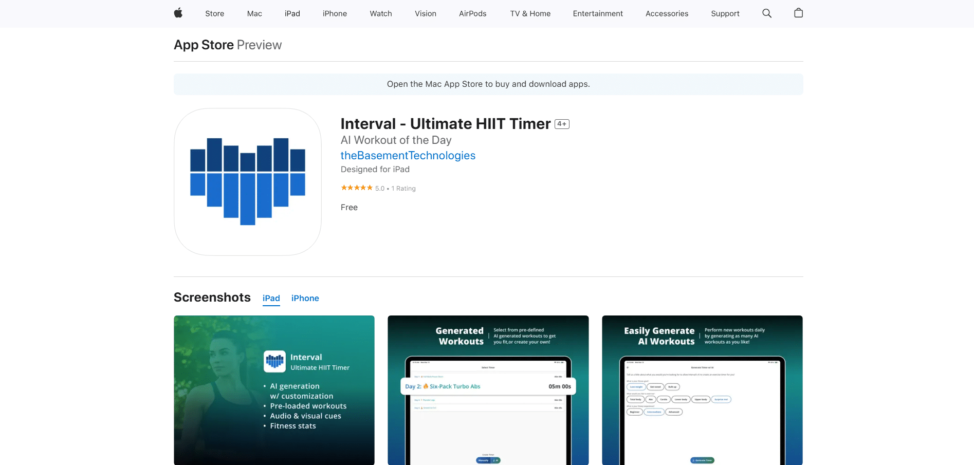 Logo de Interval – Ultimate HIIT Timer y vista previa de la app con rutinas de entrenamiento generadas automáticamente
