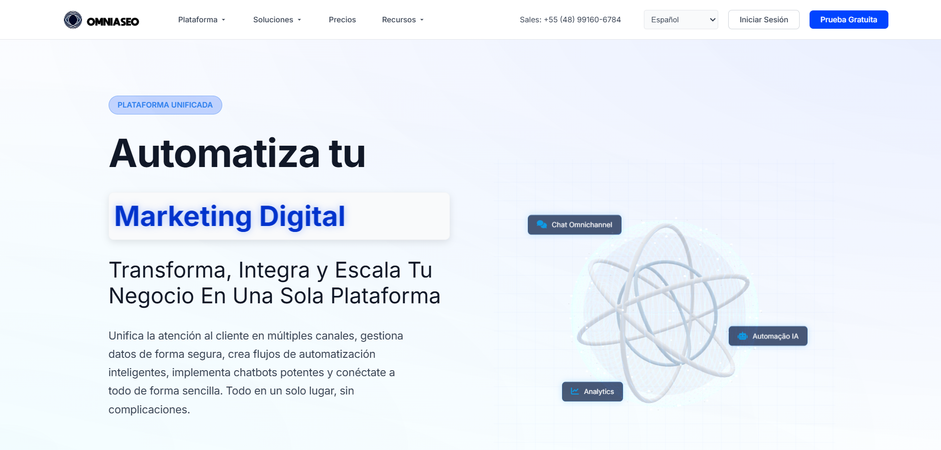 Pantalla principal de Omniaseo mostrando su mensaje “Automatiza tu Marketing Digital” y funciones como chat omnicanal, analítica y automatización inteligente.