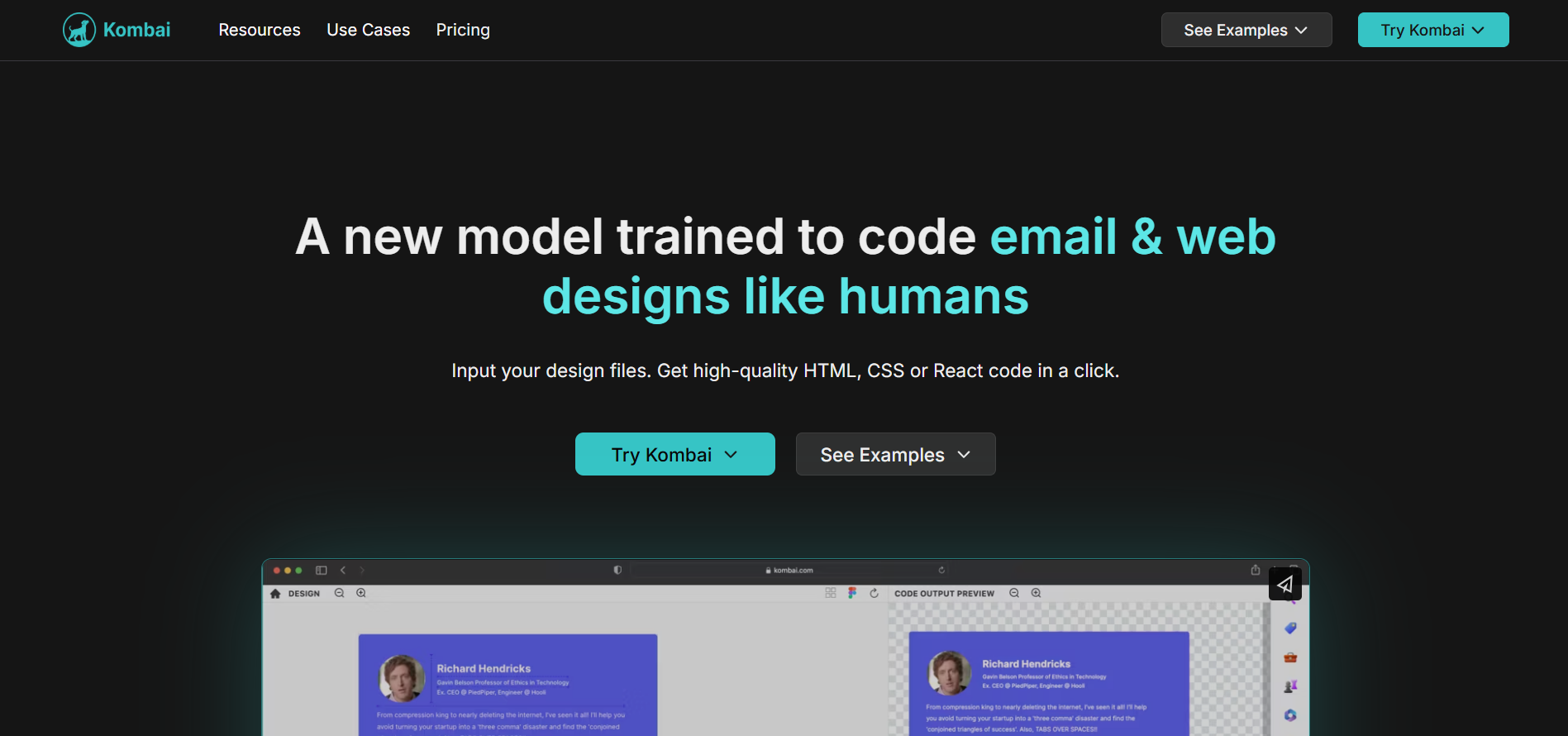 Interfaz de Kombai mostrando cómo convierte un diseño en código HTML o React con un solo clic.