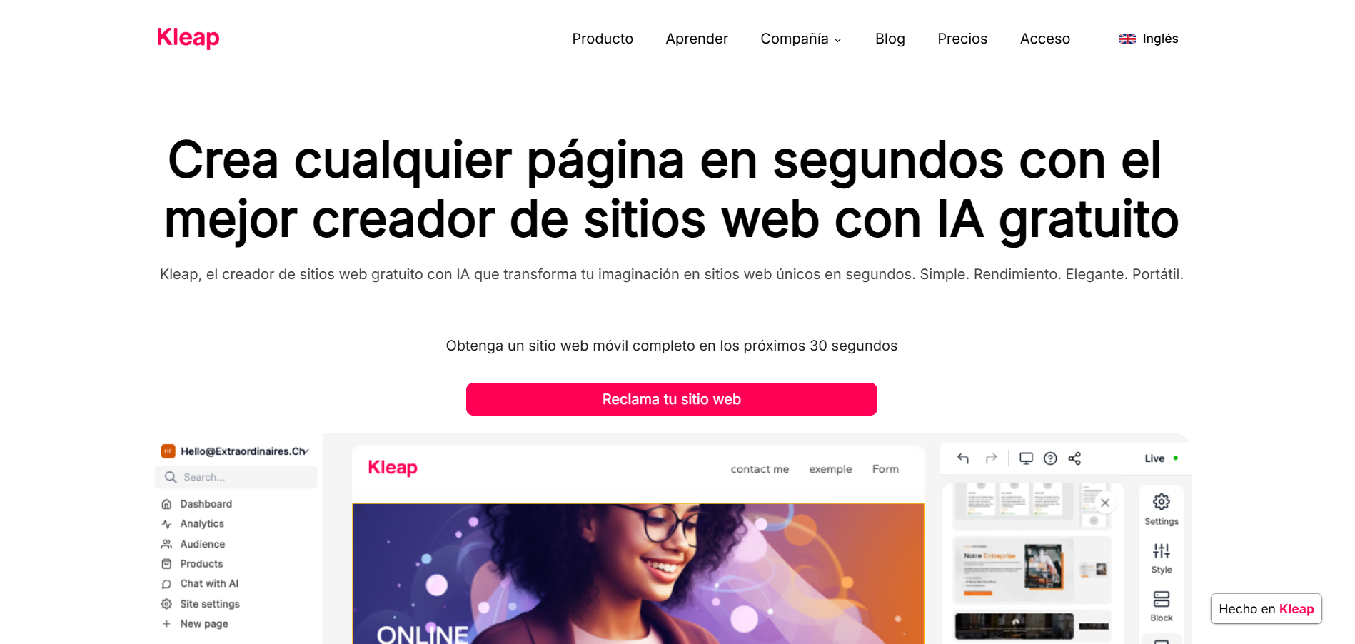 Pantalla principal de Kleap mostrando el editor visual de páginas web y el mensaje “Crea cualquier página en segundos con el mejor creador de sitios web gratuito”.