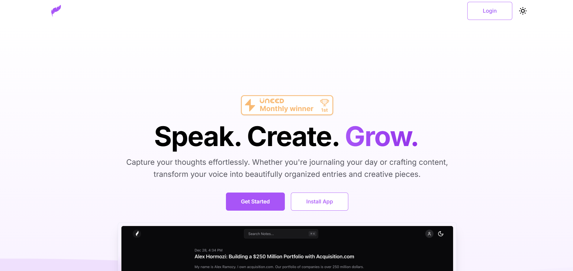 Pantalla de inicio de Klarity con el eslogan "Speak. Create. Grow.", botones para comenzar o instalar la app, y una interfaz de ejemplo con notas organizadas.