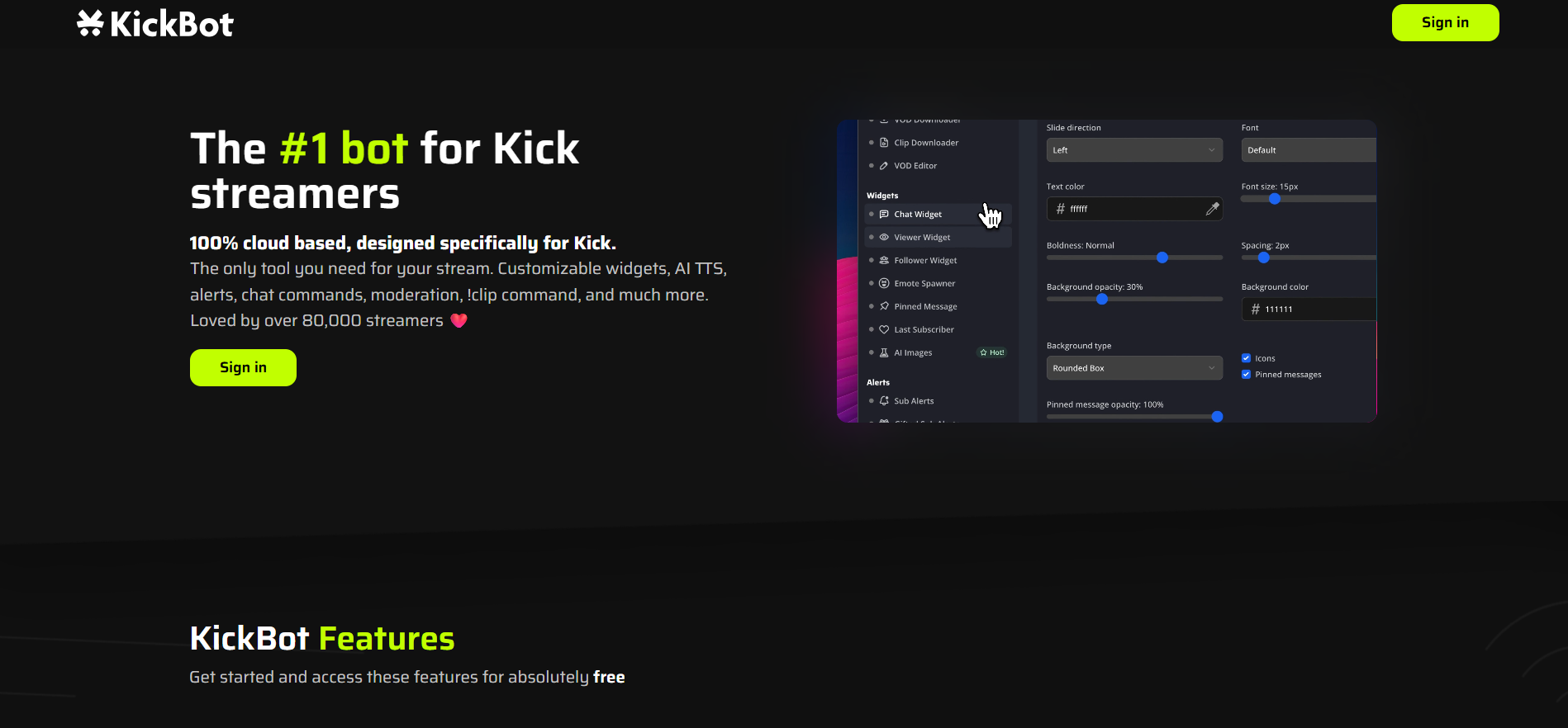 Interfaz principal de KickBot con opciones de widgets y configuración visual para streamers en Kick