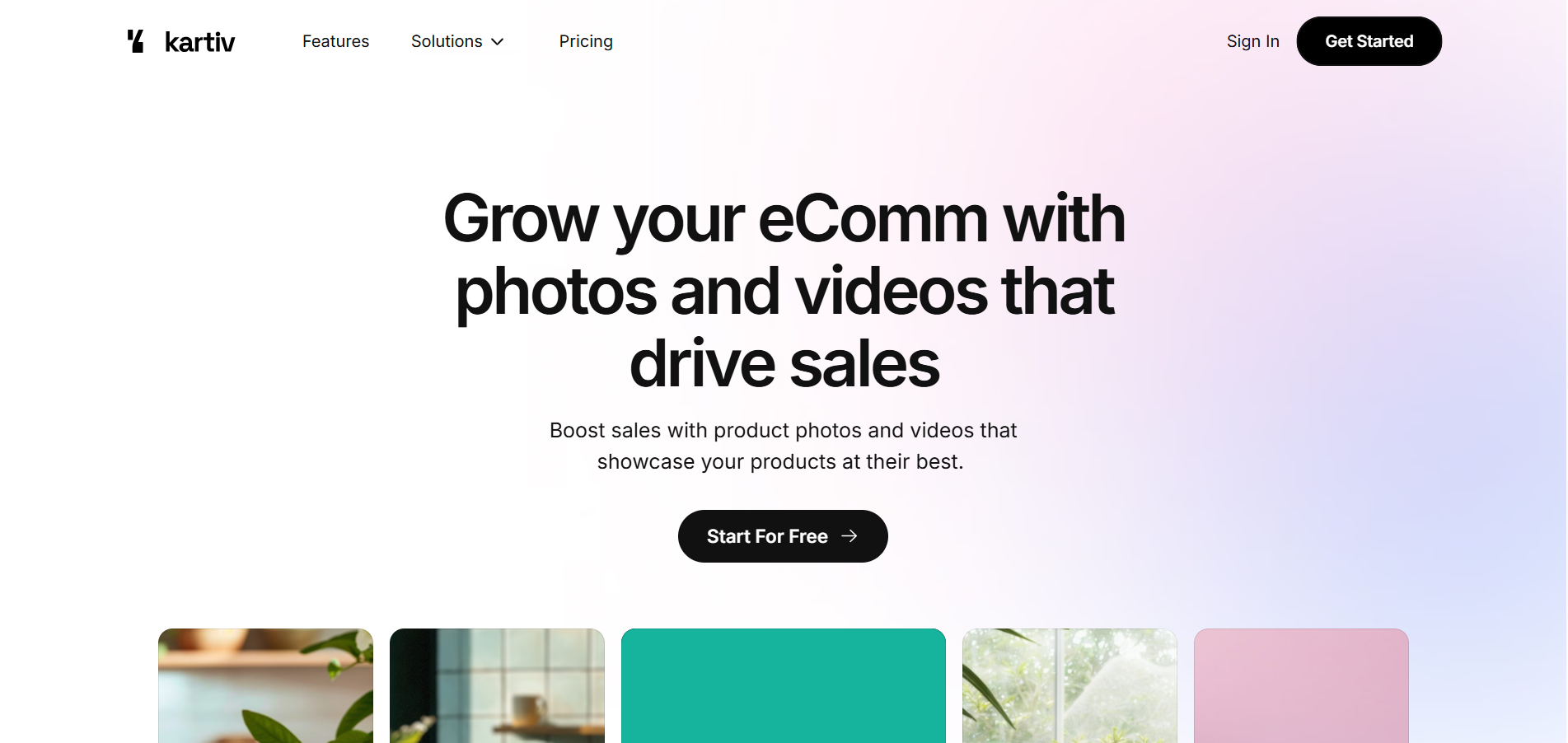 Captura de pantalla del sitio web de Kartiv con el mensaje principal sobre generación de fotos y videos para eCommerce.