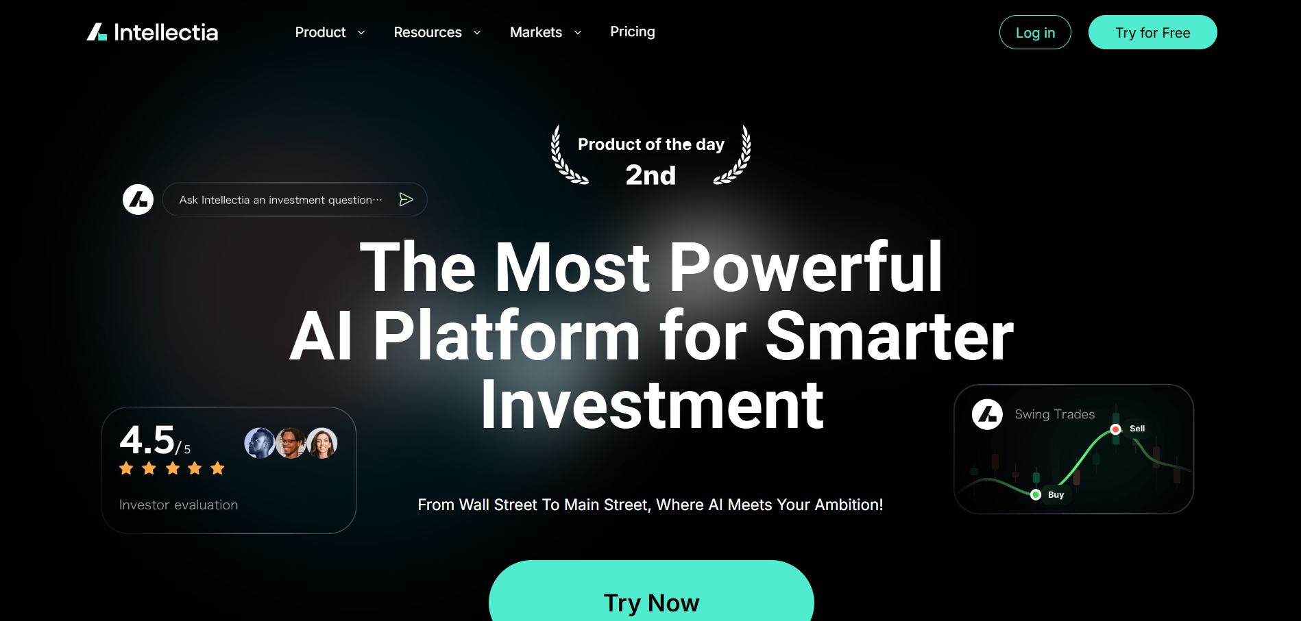 Pantalla de inicio de Intellectia destacando su calificación de usuarios y sus funciones de inversión automatizada con recomendaciones de compra y venta.