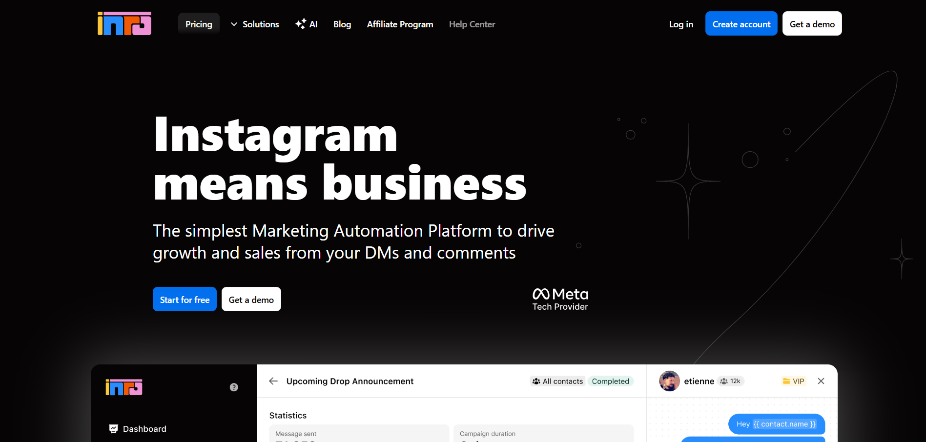 Página principal de Inrō con el eslogan "Instagram means business", destacando su propuesta de automatización de marketing para mensajes y comentarios en Instagram, junto con botones de inicio gratuito y demostración.