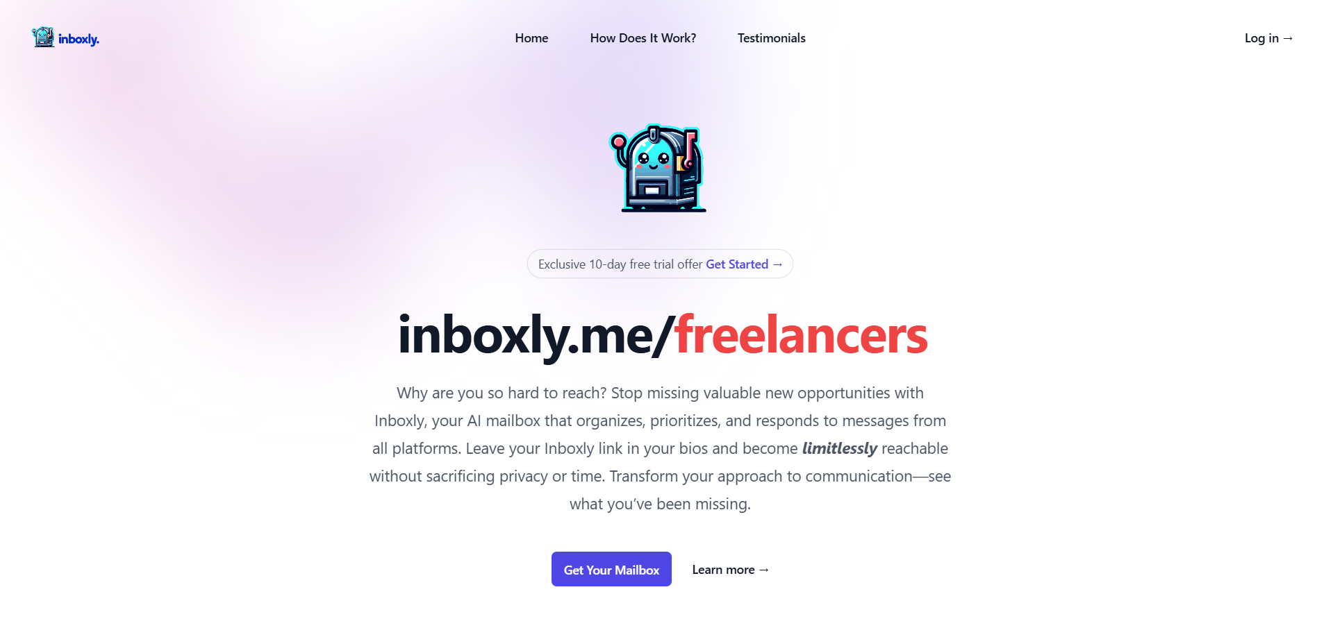 Página principal de Inboxly con diseño enfocado en freelancers, destacando una oferta de prueba gratuita de 10 días y un botón para obtener un buzón inteligente que organiza, prioriza y responde mensajes automáticamente.