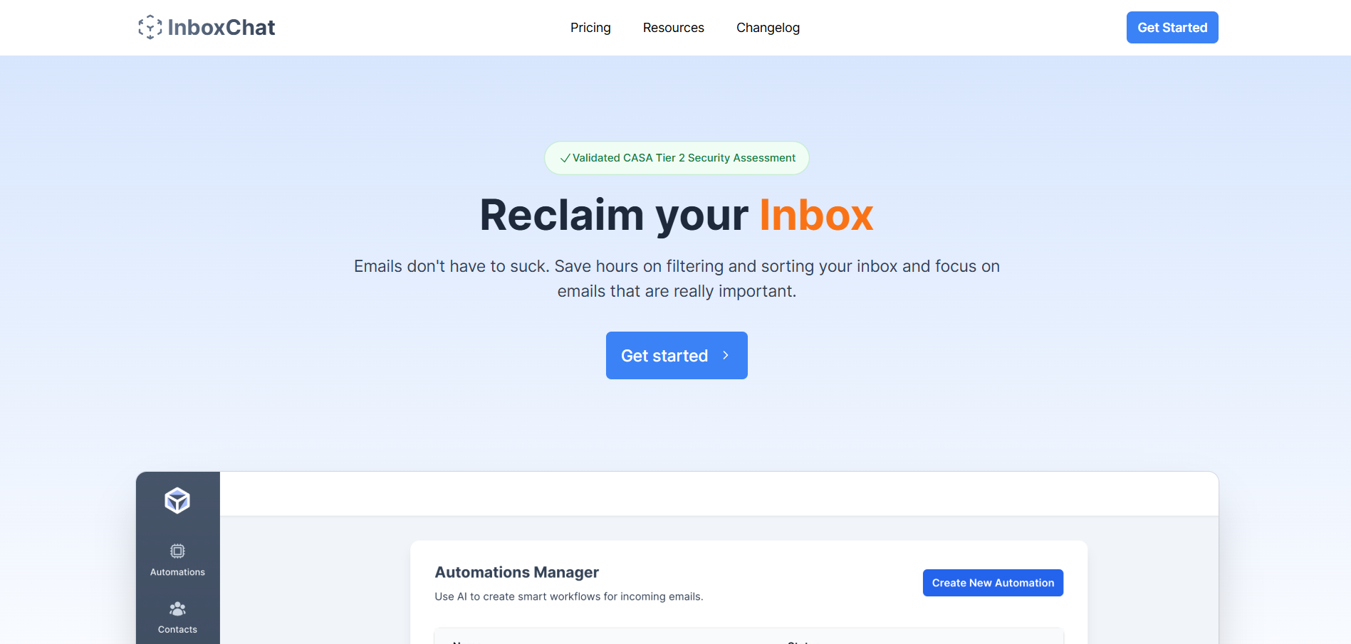 Pantalla principal de InboxChat con mensaje "Reclaim your Inbox" y botón para comenzar