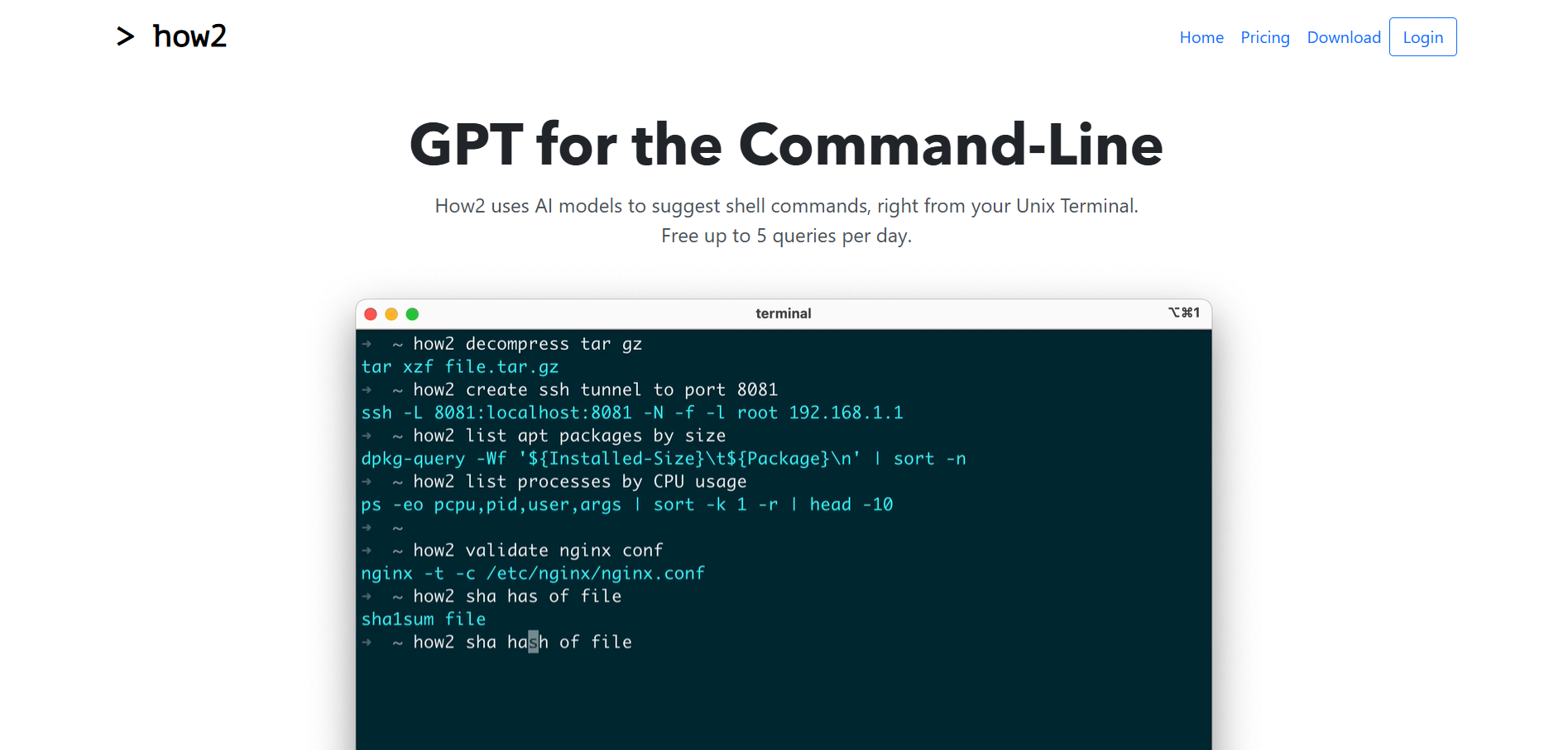 Página principal de How2 con el mensaje “GPT for the Command-Line”, botón de navegación y una terminal mostrando ejemplos de comandos generados.