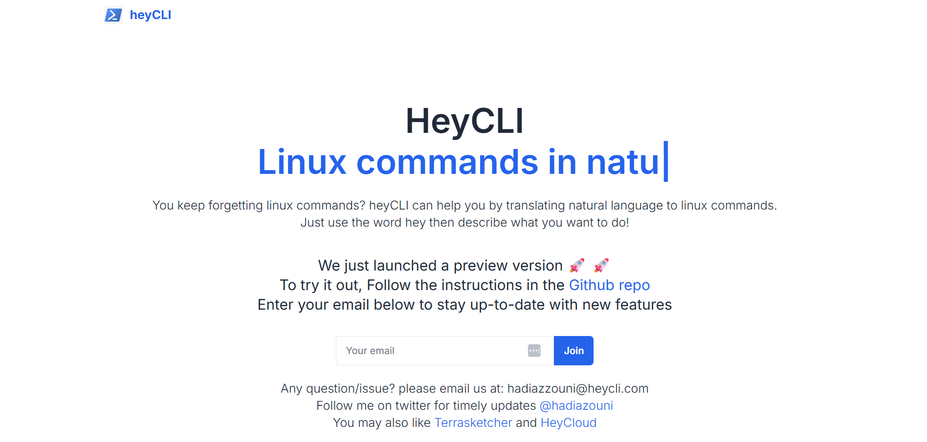 Página principal de HeyCLI mostrando el título "Linux commands in natural language", un campo para ingresar correo electrónico y un botón para unirse.
