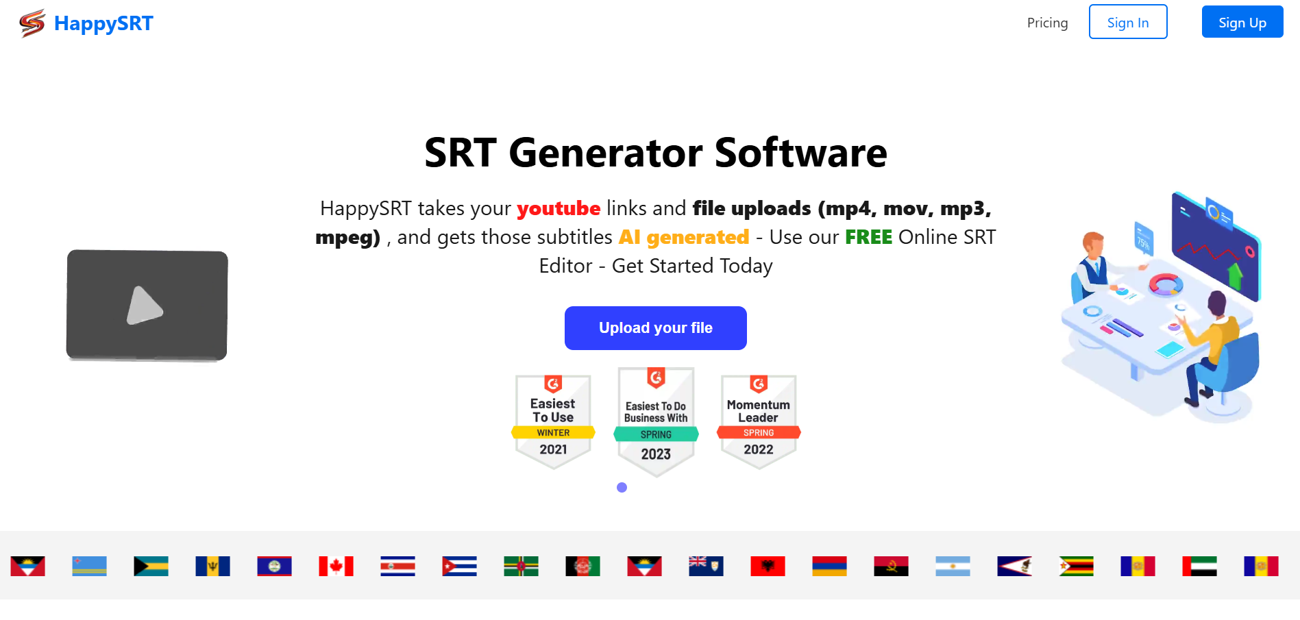 Pantalla de inicio de HappySRT mostrando botón para subir archivos, texto explicativo y premios obtenidos por facilidad de uso.